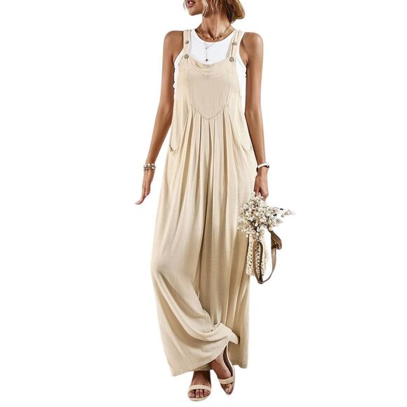 Miss Sparkling Pants - Miss Sparkling Wide Leg‎ Jumpsuit Small Beige Linen Blend BOHO Wide Leg Flowy
